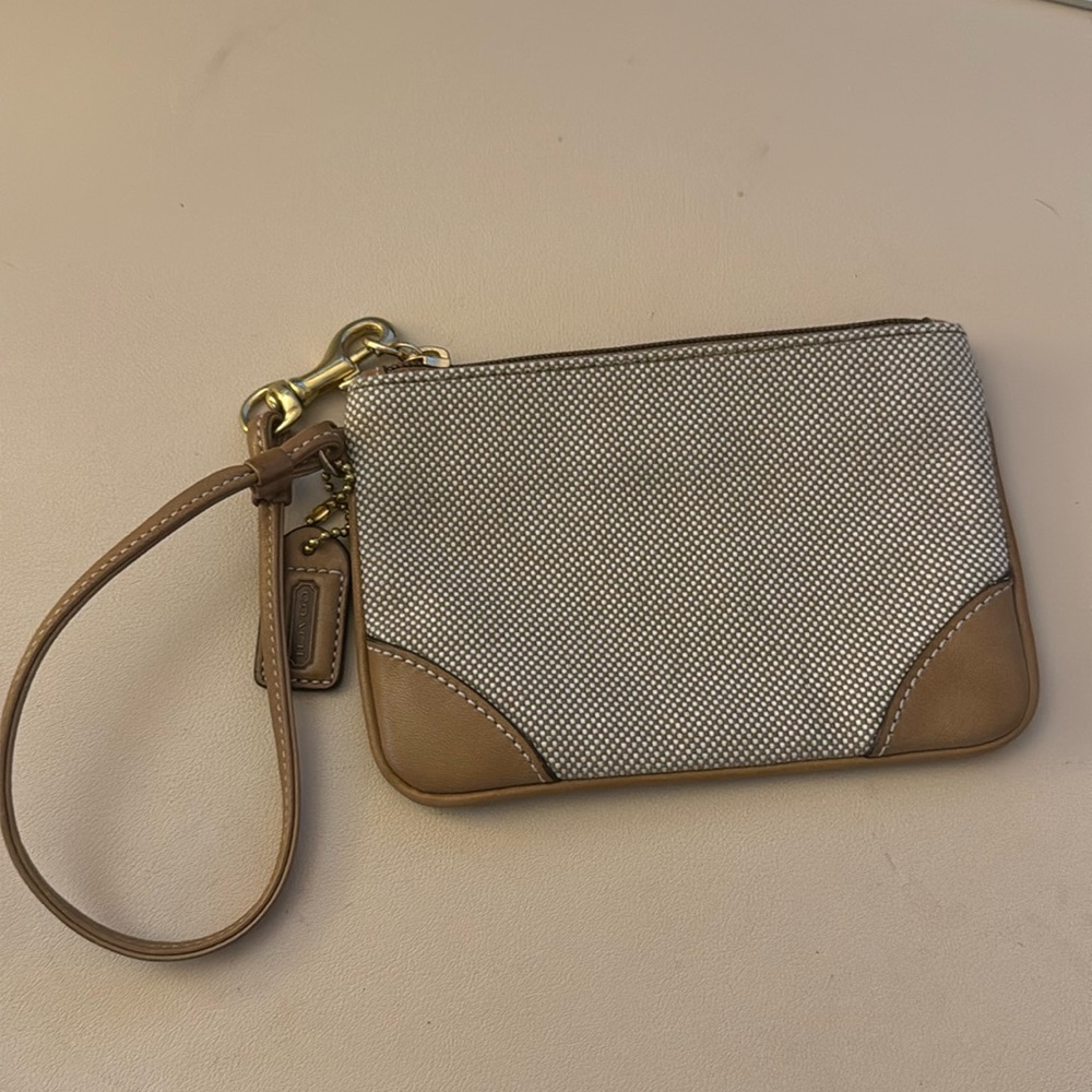 Vintage Coach Small Wristlet | Tweed Fabric & Leather Zip Pouch Tan - Picture 2 of 8